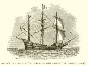 Drakes Golden Hind, waarmee hij de wereld rondzeilde, 1577-1580 door English School