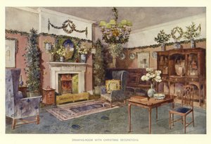 Woonkamer met kerstversieringen door English School