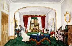 Saloninterieur, vrouw aan de piano, man met bolhoed schrijft, ca. 1850