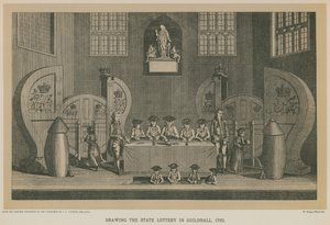 Trekking van de staatsloterij in Guildhall, 1763 door English School