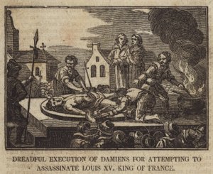 Vreselijke executie van Damiens voor poging tot moord op Lodewijk XV, koning van Frankrijk door English School