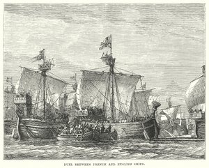 Duel tussen Franse en Engelse schepen (gravure) door English School