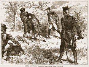 Duel tussen Warren Hastings en Francis, illustratie uit Cassells Geïllustreerde Geschiedenis van India door James Grant, uitgegeven 1879 door English School