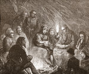 Nederlandse protestanten in schuilplaatsen, illustratie uit De Geschiedenis van het Protestantisme door James Aitken Wylie, 1878