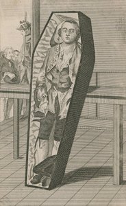 Earl Ferrers zoals hij in zijn kist lag in Surgeons Hall door English School