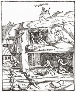 Vroege voorstelling van de Wichelroede, met een figuur met een wichelroede boven de grond op zoek naar water, kolen of goud en de mijnwerkers onder de grond die zwoegen om kolen te vinden. Uit The Strand Magazine gepubliceerd 1897. door English School
