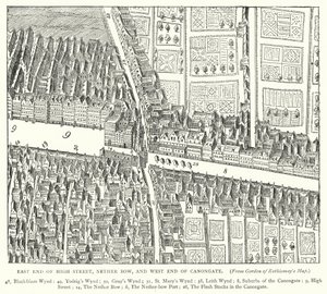 Oostkant van Hoofdstraat, Nether Bow, en Westkant van Canongate (gravure) door English School