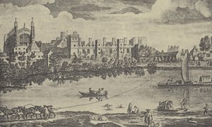 Oostelijk uitzicht op het college, 1742 (gravure) door English School
