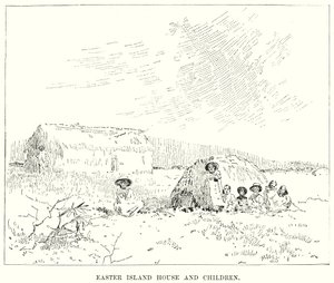 Huis en kinderen op Paaseiland (gravure) door English School