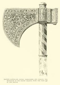 Oosterse strijdbijl, rijkelijk damasceens, met het monogram van Sultan Saladin en de datum 550 van de Hegira door English School