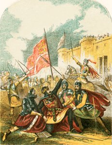 Edward I zwaait met de speer en zweert dat hij de man die hem gooide zal ophangen