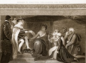 Edward VI verleent het handvest voor ziekenhuizen, illustratie uit David Humes The History of England, uitgegeven door R. Bowyer, Londen, 1812 door English School