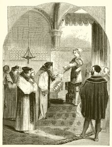 Edward VI die het bevel voor de executie van Joan Bocher aan aartsbisschop Cranmer overhandigt door English School