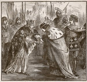 Edward ontvangt koning Jan van Frankrijk, illustratie uit Cassells Geïllustreerde Geschiedenis van Engeland door English School