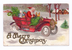 Edwardiaanse kerst ansichtkaart van Father Christma rijdend in een oldtimer door de sneeuw,s c.1910 (kleurenlitho)
