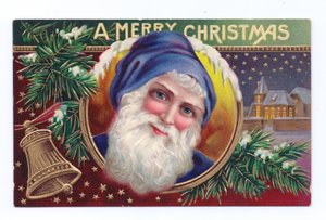 Edwardiaanse kerstpostkaart van de kerstman met maretak en een bel, ca. 1910 (kleurenlitho)