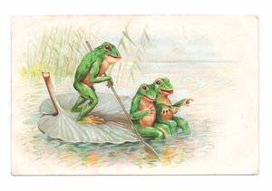 Edwardiaanse ansichtkaart van twee kikkers zittend op een waterlelieboot terwijl een derde roeit, ca 1910 (kleurenlitho)