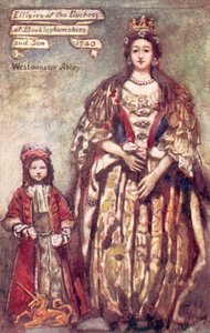 Effigies van de hertogin van Buckingham en haar zoon in Westminster Abbey (kleurenlitho)