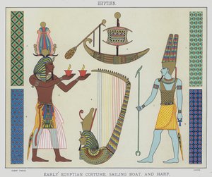 Egyptisch, vroeg Egyptisch kostuum, zeilboot en harp door English School