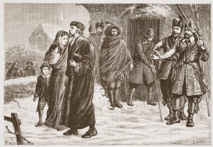 Verdrijving van een Hongaarse protestantse predikant in de winter, illustratie uit De Geschiedenis van het Protestantisme door James Aitken Wylie, 1878 door English School