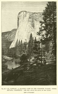 El Capitan, een granieten klif in de Yosemite Valley, Sierra Nevada, Californië, 3.300 voet boven het dalniveau door English School