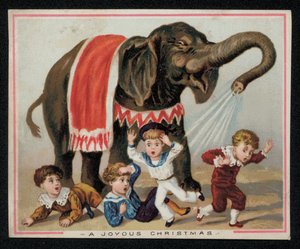 Olifant die speels kinderen besproeit met water, kerstkaart door English School