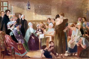 Elizabeth Fry op bezoek in Newgate Prison (kleurenlitho) door English School