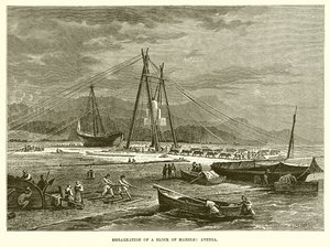 Inscheping van een blok marmer: Avenza (gravure) door English School