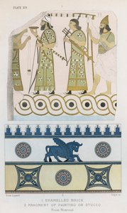 Geëmailleerde baksteen, Fragment schilderij op stucwerk, Nimroud (kleurenlitho) door English School