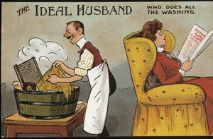 Engelse cartoon (ideale echtgenoot): de ideale echtgenoot (die al het wasgoed doet) - ansichtkaart, n.d., circa 1920