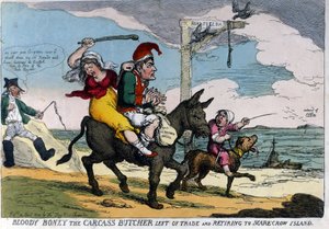 Engelse cartoon over de ballingschap van Keizer Napoleon I, afgebeeld op een ezel op weg naar het eiland Elba. 04/1814.