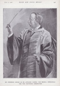 Engelse componist, organist en dirigent Sir Frederick Bridge die repeteert voor de uitgestelde kroning van koning Edward VII door English School