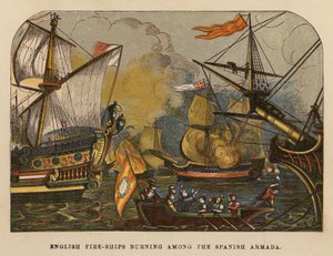 Engelse brandschepen branden tussen de Spaanse Armada (gekleurde gravure)