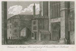 Ingang naar Montague Close en een deel van St Saviours Church, Southwark, Surrey door English School