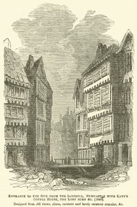 Ingang naar de Side vanaf de Sandhill, Newcastle met Katys Coffee House, de Lort Burn enz., 1640, ontworpen vanuit oude uitzichten, plannen, bestaande en onlangs bestaande overblijfselen, enz. door English School