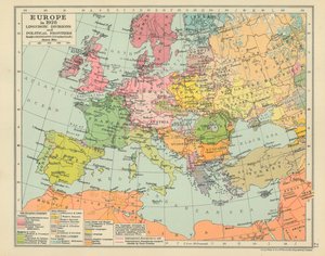 Europa in 1928 Taalkundige scheidslijnen en politieke grenzen (kleurenlitho) door English School