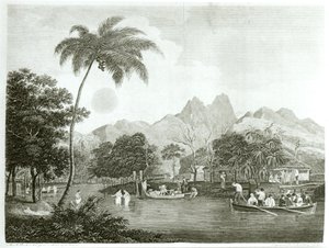 Europese missionarissen in een Tahitiaans dorp, uit Een Zendingsreis naar de Zuidelijke Stille Oceaan uitgevoerd in de jaren 1796-98 in het schip Duff, gepubliceerd 1799