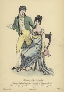 Avondkleding voor dames en heren (gekleurde gravure) door English School