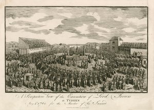 Executie van Lord Ferrers op Tyburn, 5 mei 1760, voor moord op zijn steward (gravure)