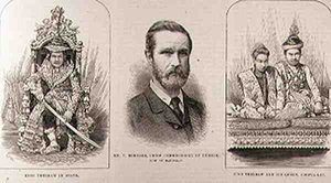 Expeditie naar Boven-Birma: Koning Theebaw (1858-1916) in Staat, de Heer T. Bernard, Hoofdcommissaris van Birma, nu in Mandalay, Koning Theebaw en zijn Koningin, Soopya-Lat, uit The Illustrated London News door English School