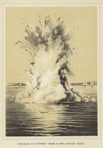 Explosie van een torpedo onder een klein houten vaartuig door English School
