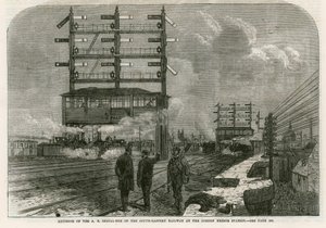 Exterieur van de AB seinhuis van de Zuid-Oostelijke Spoorweg bij het London Bridge Station door English School