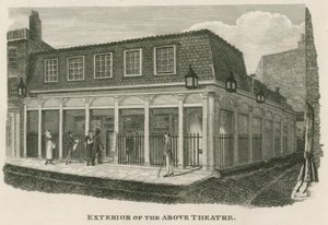 Exterieur van het Royal Olympic Theatre, Wych Street, nabij Drury Lane, Londen door English School