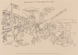 Facsimile pagina uit de humoristische geïllustreerde krant gepubliceerd in Ladysmith tijdens het beleg (litho) door English School