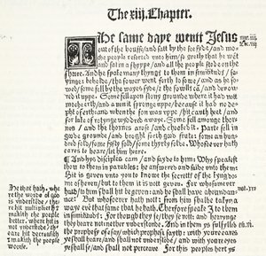 Facsimile van het Evangelie van Matteüs, Hoofdstuk XIII, verzen 1-15, uit Tyndales Testament, illustratie uit De Geschiedenis van het Protestantisme door James Aitken Wylie, 1878