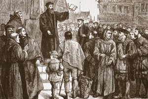 Farel predikt op de markt van Neuchâtel, illustratie uit De Geschiedenis van het Protestantisme door James Aitken Wylie, gepubliceerd in 1878 door English School