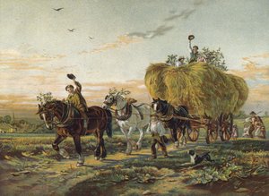 Boeren keren terug van de velden met hooiwagen