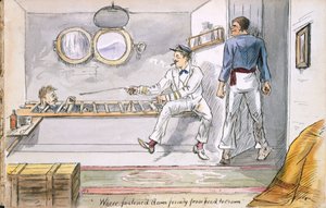 Stevig vastgebonden van kop tot teen... - de dominee krijgt een zeemansbehandeling tegen zeeziekte, uit Ye Pilgrimage of ye Revnd. Simpleheart, Adventures of a naive Missionary in the South Seas door English School