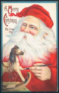 Kerstman schildert hobbelpaard, kerstkaart door English School