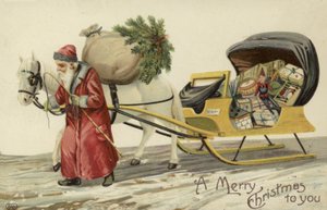 Kerstman die een slee met cadeaus trekt door English School